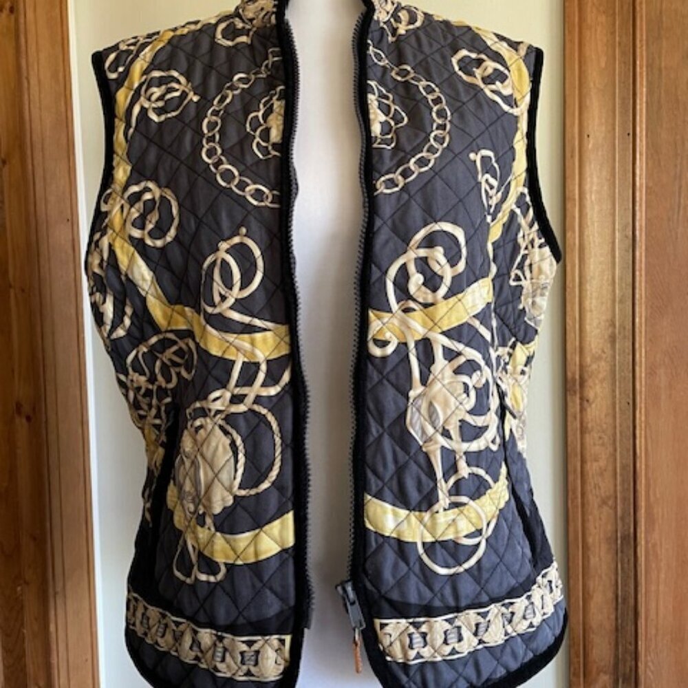 J. MCLAUGHLIN Equestrian Print Silk Quilted Vest Black Medium - Picture 7 of 15